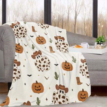 All-Season Cartoon Cowboy Ghost Pumpkin Print Throw Blanket