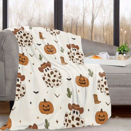 All-Season Cartoon Cowboy Ghost Pumpkin Print Throw Blanket