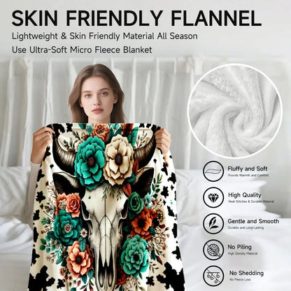 Floral cow skull blanket, black and white with colorful flowers