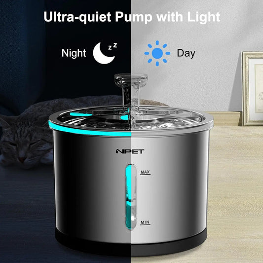 Pet Water Fountain Stainless Steel, 50oz/1.5L Dishwasher Safe Visible Window Light