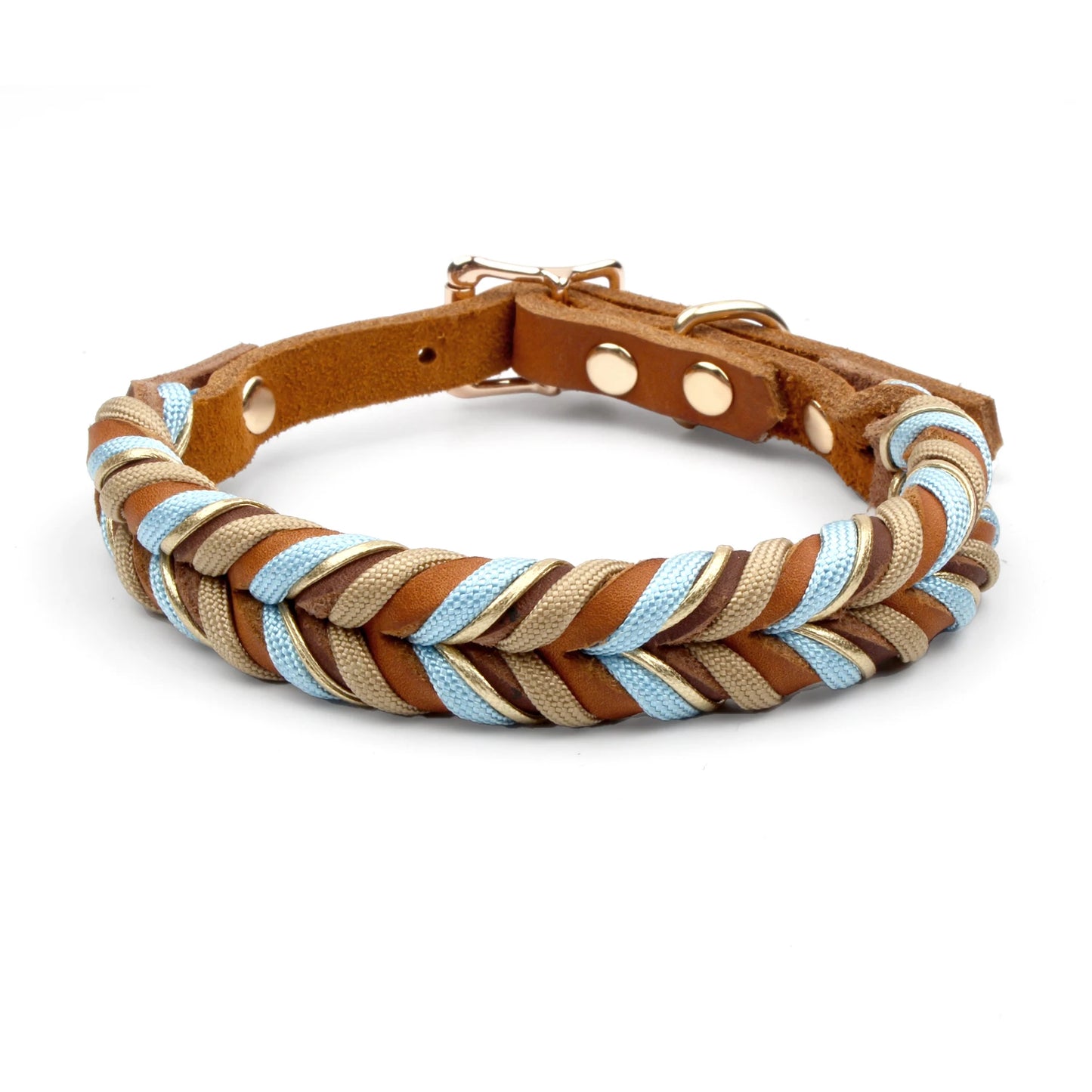 New Cow Leather Braided Sky Blue/Brown Dog Collar