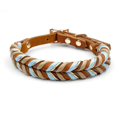 New Cow Leather Braided Sky Blue/Brown Dog Collar