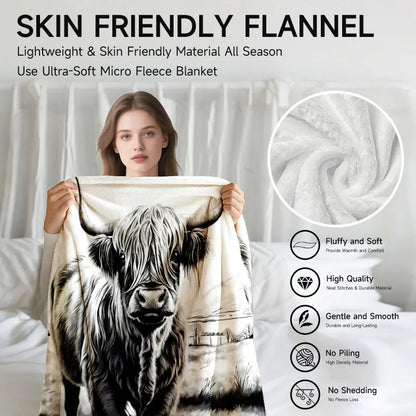 Highland cow flannel blanket, soft, suitable for sofa, bed, office, all-season use.