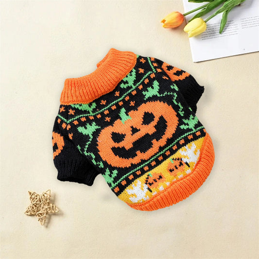 Halloween Costume for Dogs and Cats Pumpkin Knitted Sweater Outfit