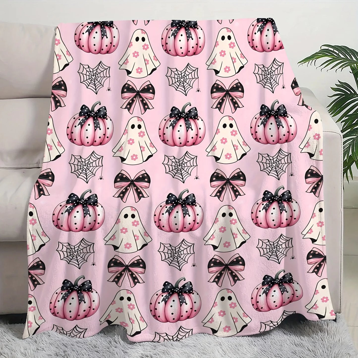 Cozy Pink Halloween Pumpkin Blanket Spooky Pumpkin Spider Web Designs Tear Resistant Machine Washable