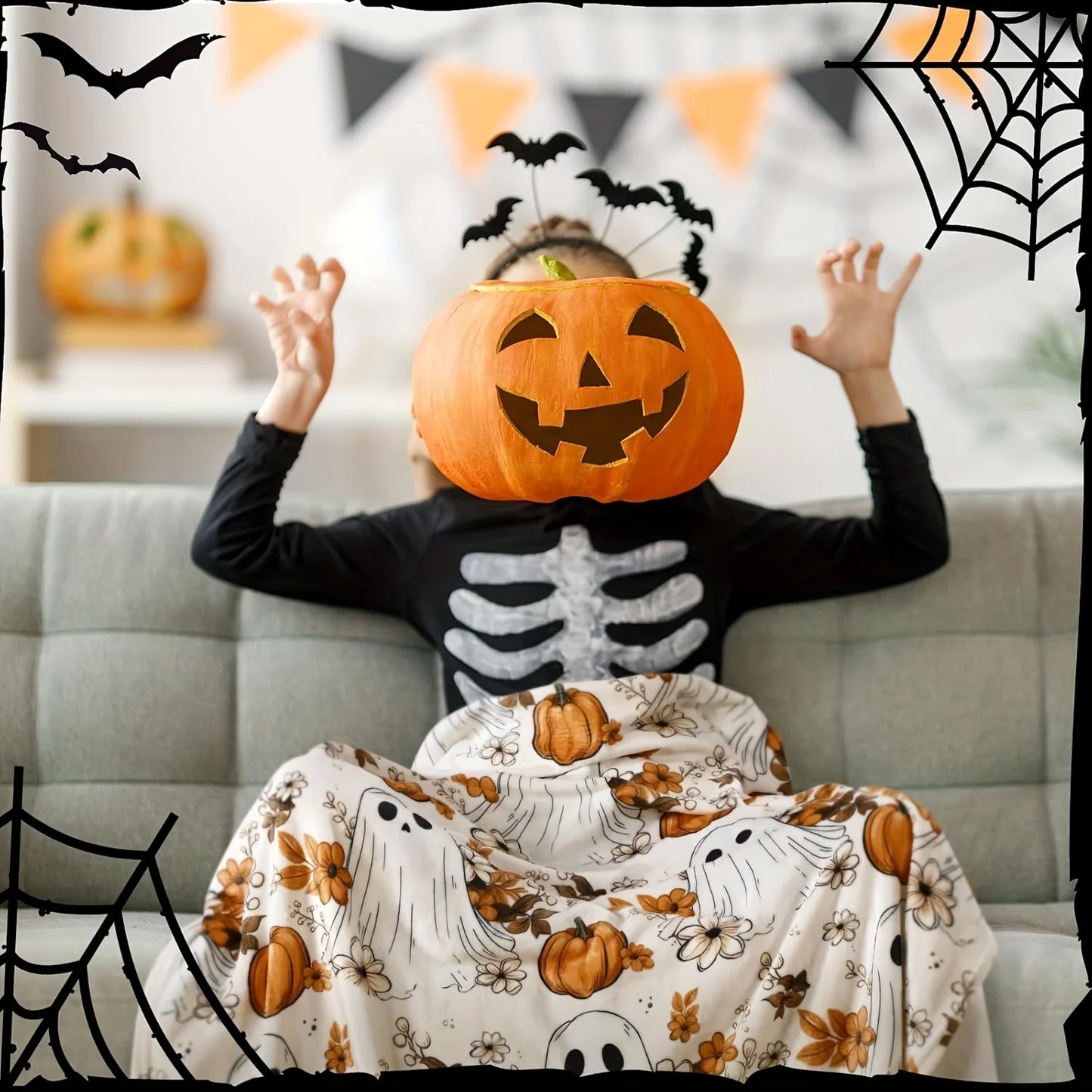 Spooky Halloween Pumpkin & Ghosts Patchwork Throw Blanket