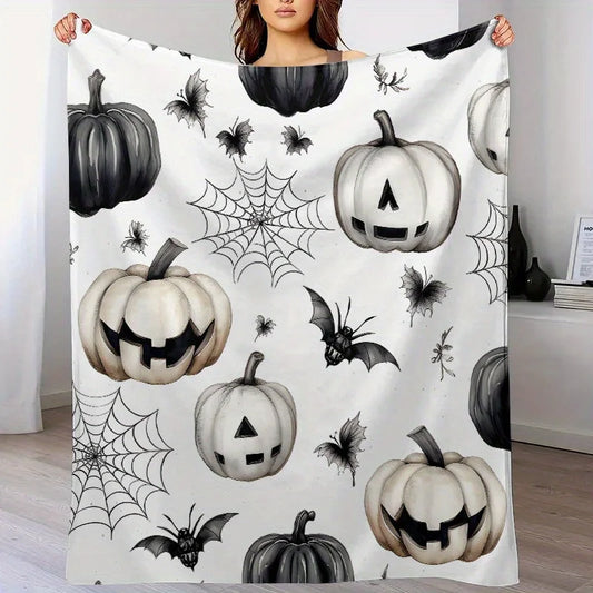 Halloween Flannel Fleece Throw Blanket with Pumpkin, Bat, and Spider Web Design