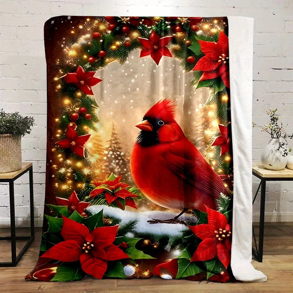 Christmas Tree & Red Bird Print, All-Season Cozy Polyester Blanket
