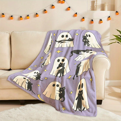 Cute Blanket - Ghosts Holding Black Cats with Stars & Moons Design