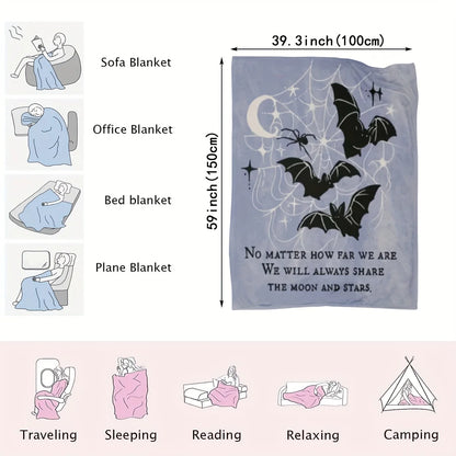 Halloween Bat Print Flannel Blanket - Machine Washable, All-Season Knit Polyester Cover, Versatile