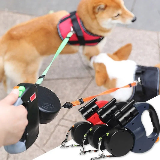 3 in1 Double Head Automatic retractable Dog leash, Flashlight, Poop Bag Dispenser