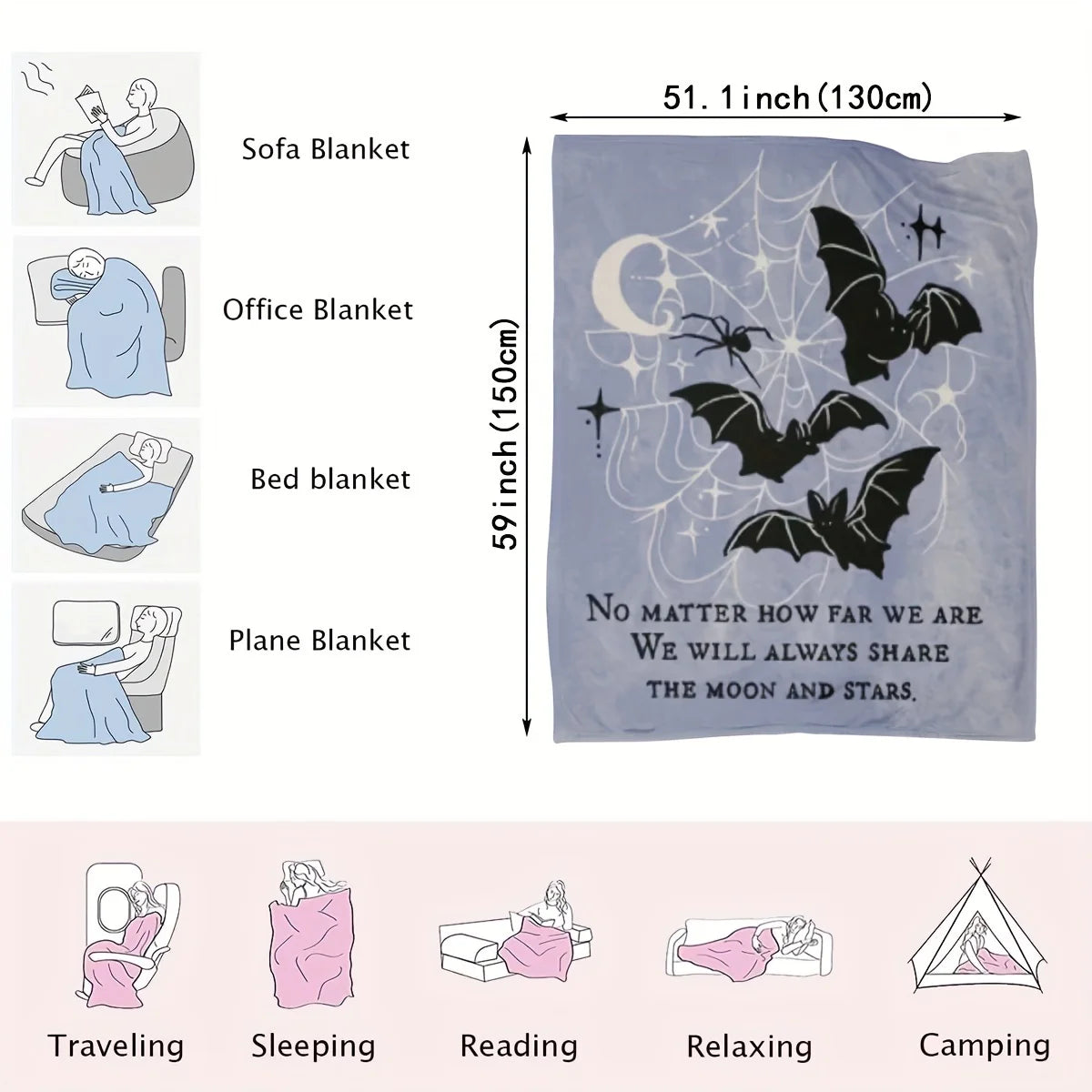 Halloween Bat Print Flannel Blanket - Machine Washable, All-Season Knit Polyester Cover, Versatile
