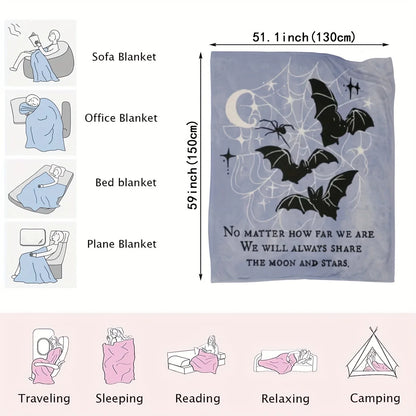 Halloween Bat Print Flannel Blanket - Machine Washable, All-Season Knit Polyester Cover, Versatile
