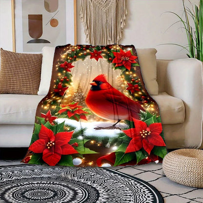 Christmas Tree & Red Bird Print, All-Season Cozy Polyester Blanket