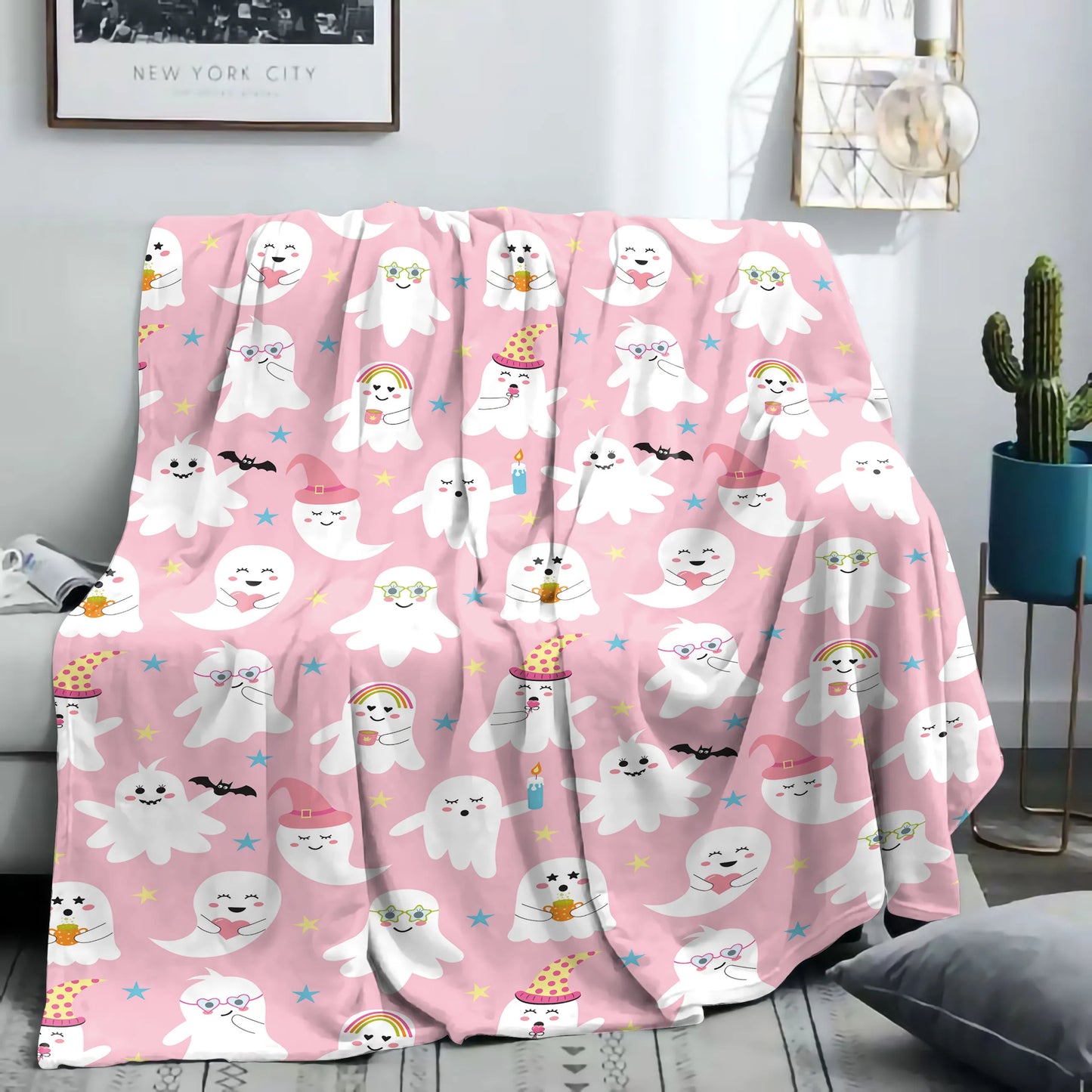 Halloween Throw Blanket - Pastel Pink Background with Cute Ghosts
