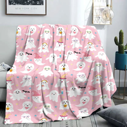 Halloween Throw Blanket - Pastel Pink Background with Cute Ghosts
