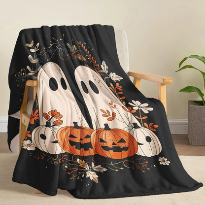 Halloween & Pumpkin Throw Blanket – Cute Cartoon Ghosts, Jack-o'-Lanterns, and Autumn Leaves