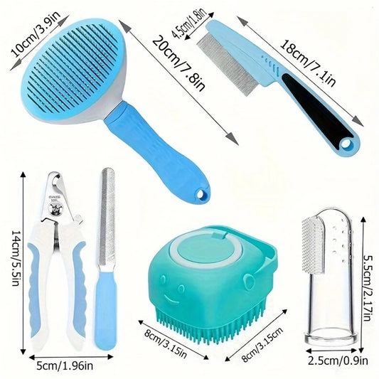 7 Pack Pet Grooming Set, Hair Removal Comb, Flea Comb, Dog Shampoo Brush, Pet Nail Clippers, Dog Toothbrush Set