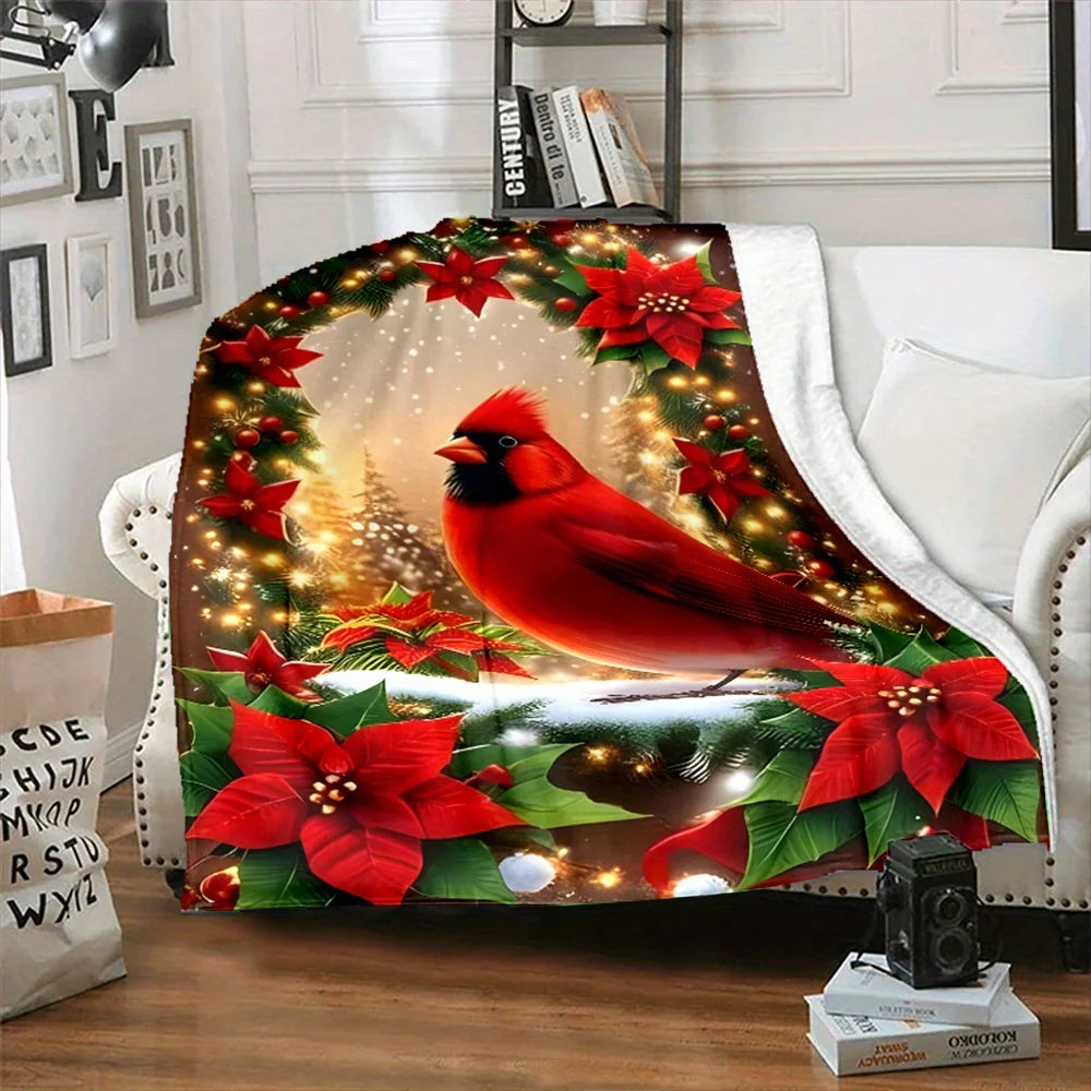 Christmas Tree & Red Bird Print, All-Season Cozy Polyester Blanket
