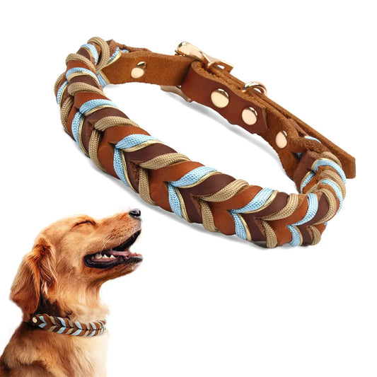 New Cow Leather Braided Sky Blue/Brown Dog Collar