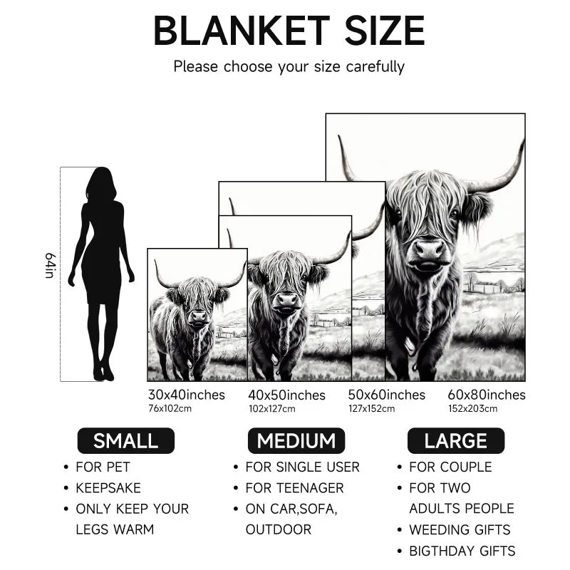 Highland cow flannel blanket, soft, suitable for sofa, bed, office, all-season use.