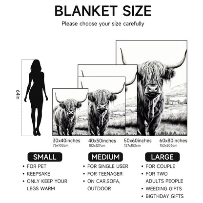 Highland cow flannel blanket, soft, suitable for sofa, bed, office, all-season use.