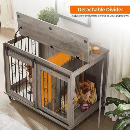Dog Kennel with Sliding Barn Door, 39" End Table with Wheels