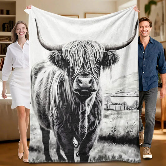 Highland cow flannel blanket, soft, suitable for sofa, bed, office, all-season use.