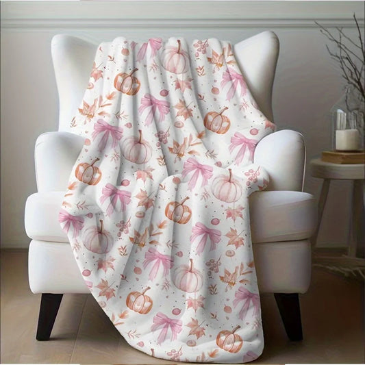 Cozy Pink Pumpkin & Leaf Flannel Plush Blanket