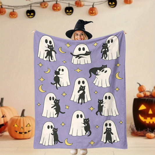 Cute Blanket - Ghosts Holding Black Cats with Stars & Moons Design