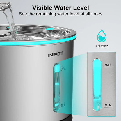 Pet Water Fountain Stainless Steel, 50oz/1.5L Dishwasher Safe Visible Window Light