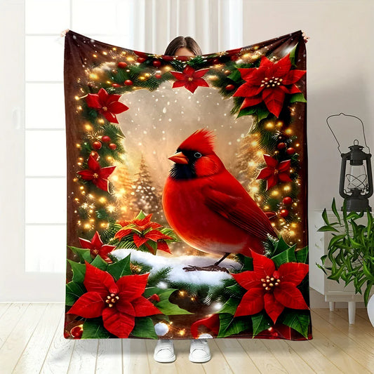Christmas Tree & Red Bird Print, All-Season Cozy Polyester Blanket