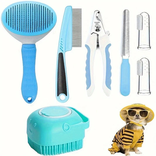 7 Pack Pet Grooming Set, Hair Removal Comb, Flea Comb, Dog Shampoo Brush, Pet Nail Clippers, Dog Toothbrush Set