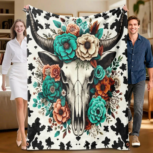 Floral cow skull blanket, black and white with colorful flowers