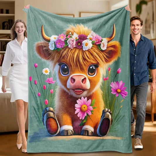 Floral cow-themed flannel blanket, green, suitable for sofa, all-season use.