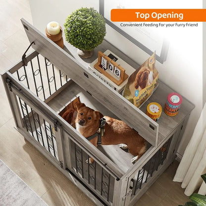 Dog Kennel with Sliding Barn Door, 39" End Table with Wheels