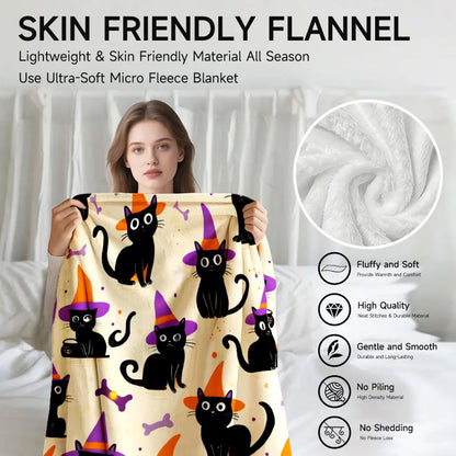 Halloween-themed Black Cat Purple Hat flannel blanket