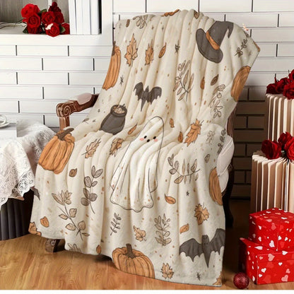 Ghosts, Pumpkins, Bats & Autumn Leaves - Soft Lightweight Flannel for Couch, Bed, Living Room